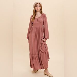 Rosewood Smocked Waist Long Sleeve Boho Peasant Dress